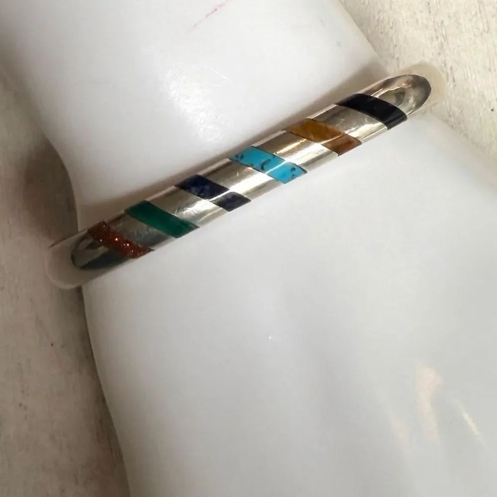 Vintage Mexico 925 Sterling Silver Genuine Stone Inlay Hinged Bangle Bracelet
